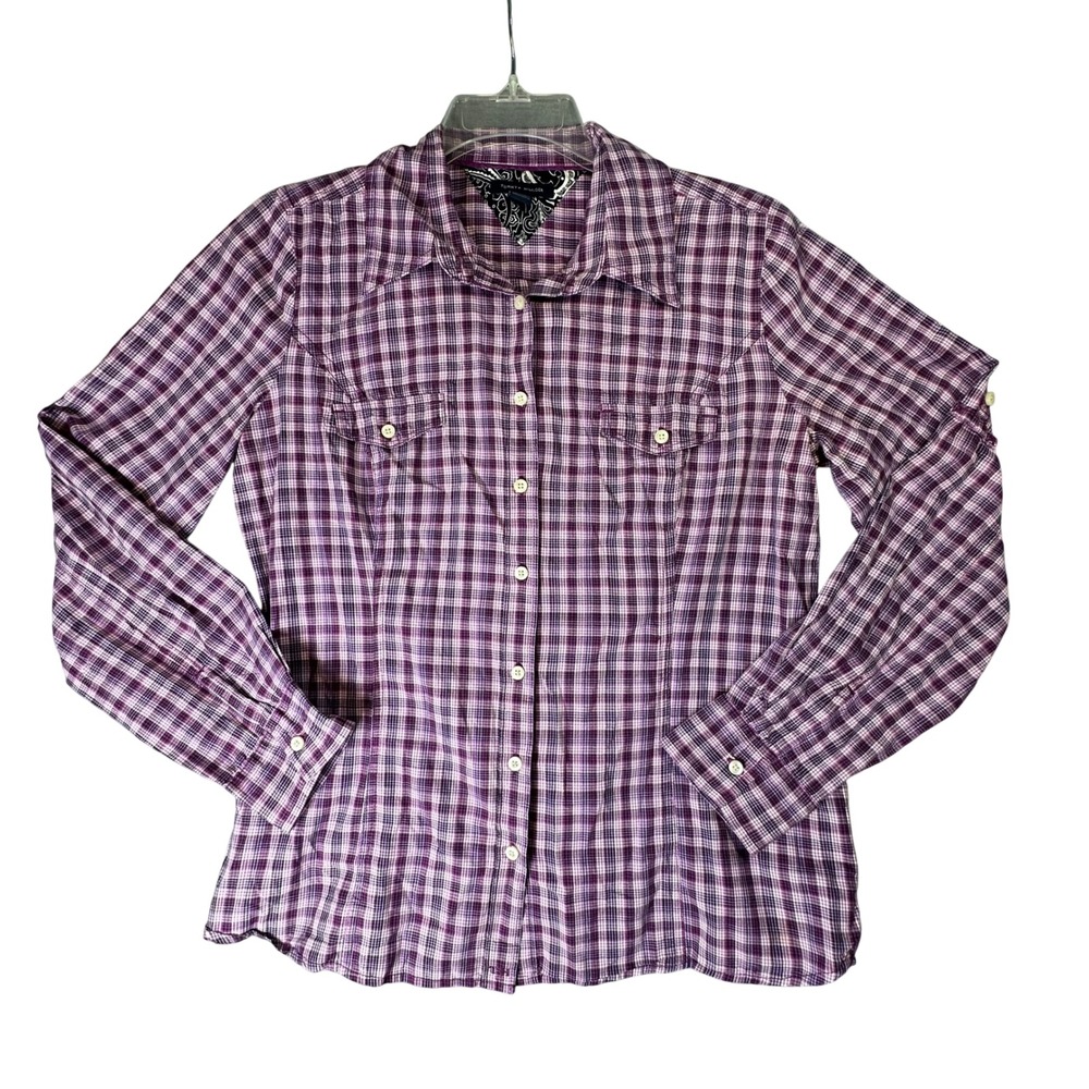 Tommy Hilfiger Plaid Button Down Shirt Long Sleeve Preppy M Purple White Fall